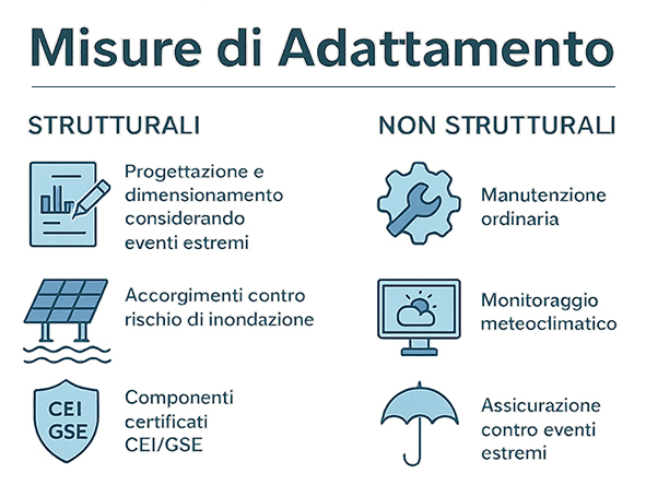 Infografica sulle misure di adattamento per la verifica climatica di un impianto fotovoltaico